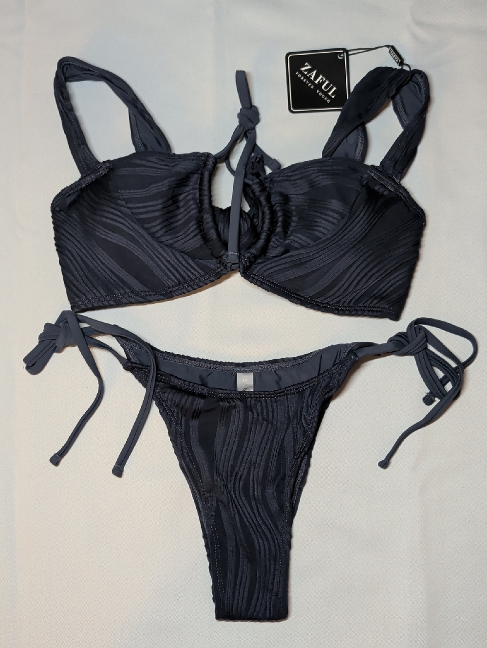Zaful Navy Blue Textured Tie-Side Bikini Set